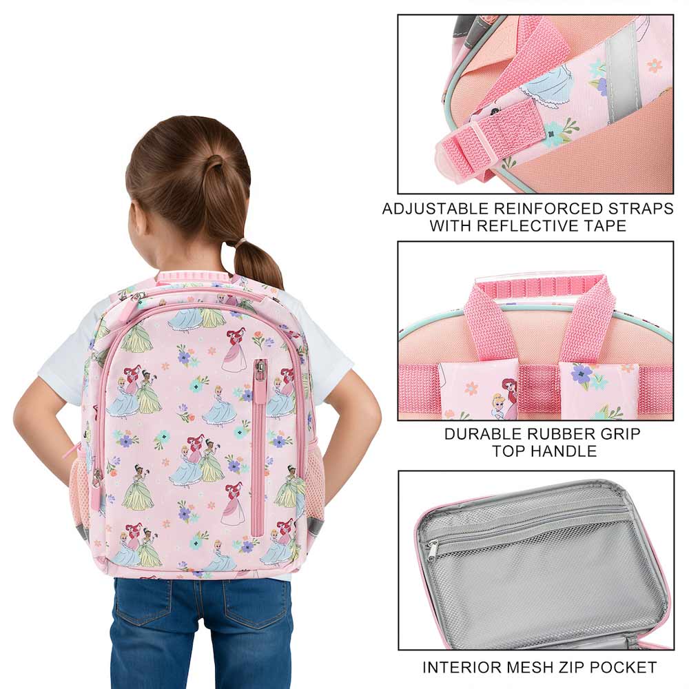 Disney Princess Pink Watercolor AOP 14-inch Youth Backpack & Insulated Lunch Kit Set
