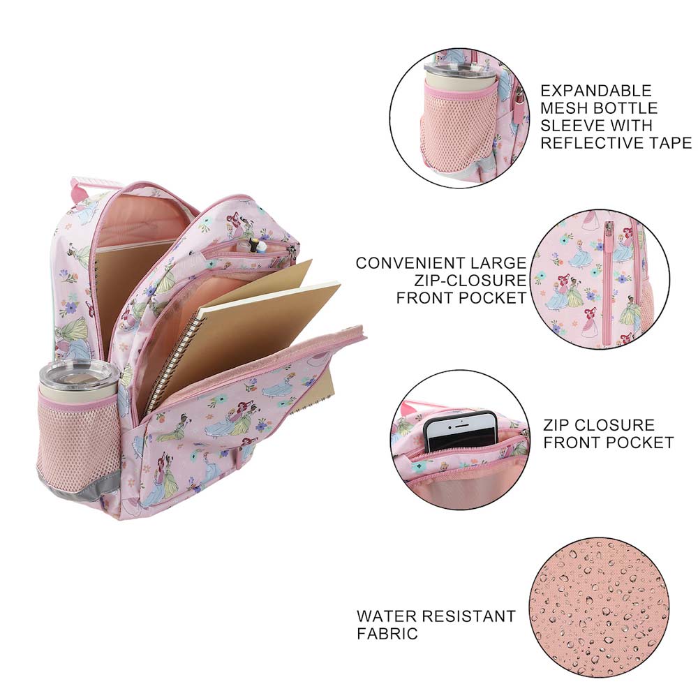 Disney Princess Pink Watercolor AOP 14-inch Youth Backpack & Insulated Lunch Kit Set
