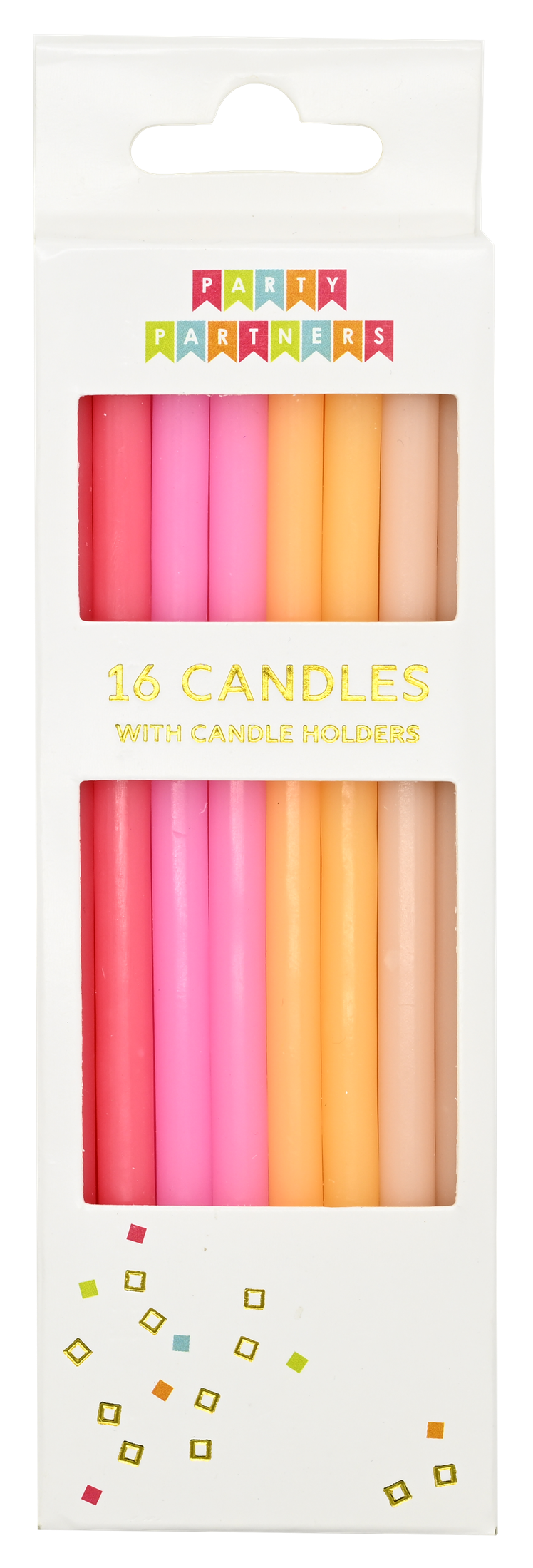 Pack of colorful birthday candles with holders in a white box