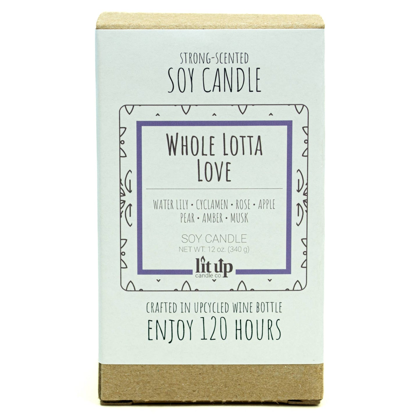 Whole Lotta Love scented 12 oz soy candles in wine bottles