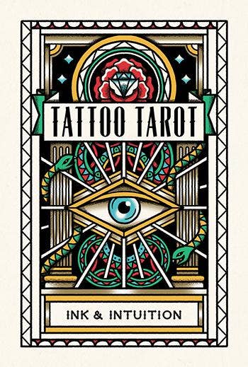 Tattoo Tarot card deck box cover by Ink & Intuition, featuring a highly detailed stained-glass style illustration with an eye, roses, snakes, and geometric borders on a cream background.