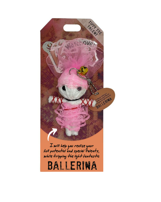 Plush ballerina charm in a pink ballerina outfit with packaging on a white background