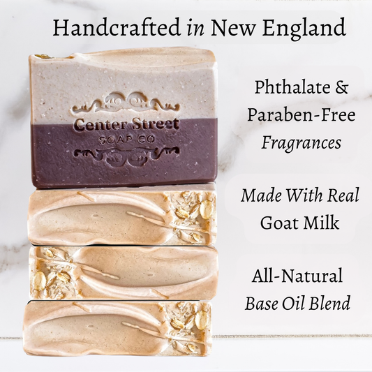 Stack ofCenter Street Soap Co. bars with text about product features on a light background