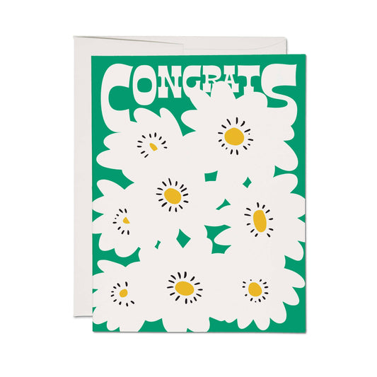 Greeting card with daisy flowers and 'Congrats' text on a green background
