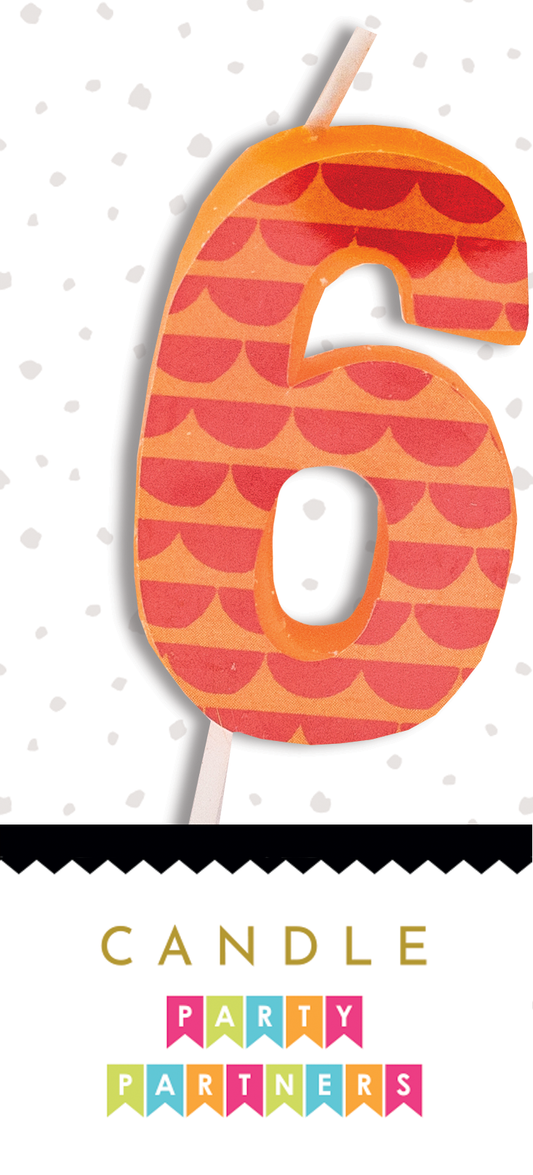 Number 6 birthday candle with red and orange pattern on a white background, branded 'Candle Party Partners'.