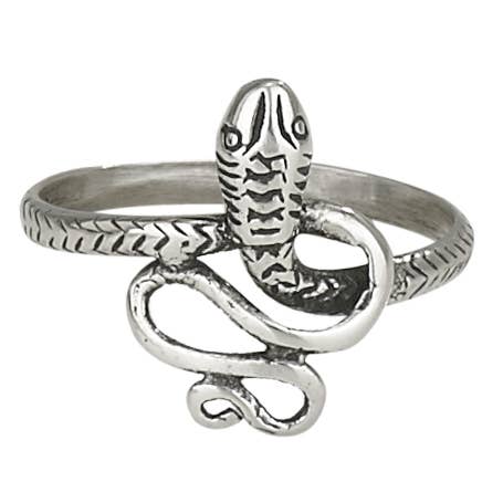 A sterling silver snake ring with a textured band and a detailed snake head and body, shown on a plain white background.