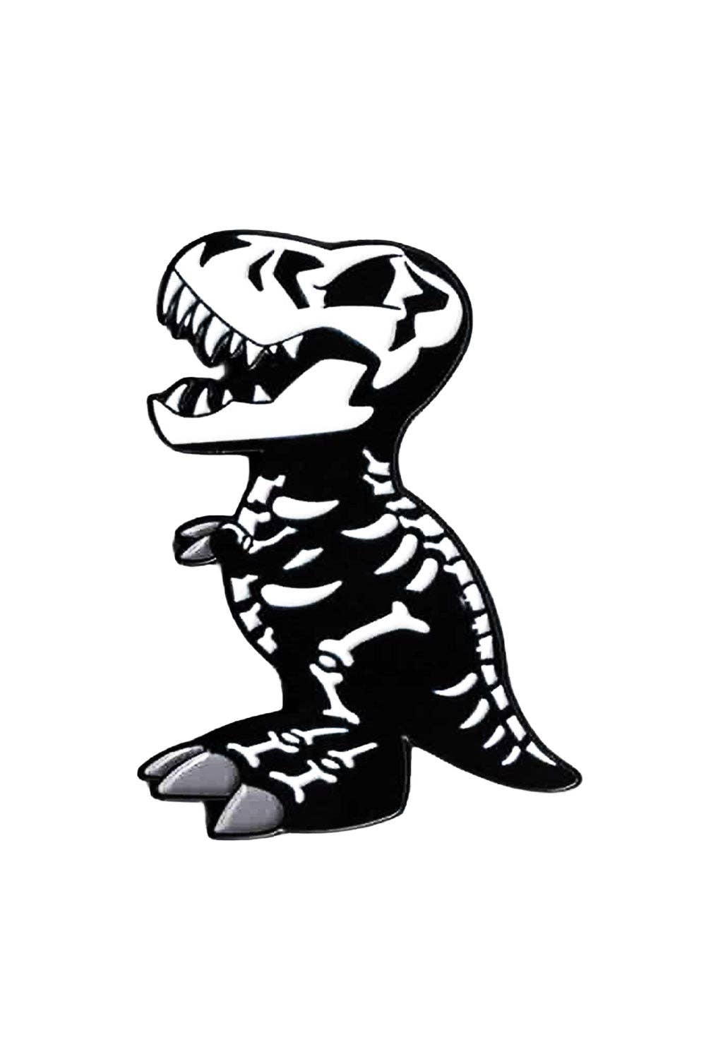 Black and white dinosaur skeleton design on a white background