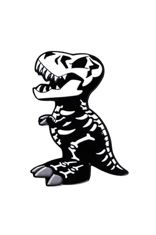Black and white dinosaur skeleton design on a white background