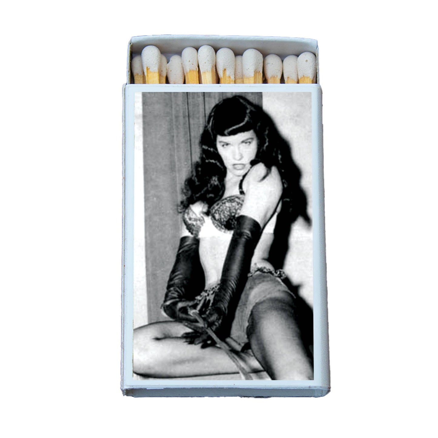 Matches in a box with a black and white photo of a woman on the cover
