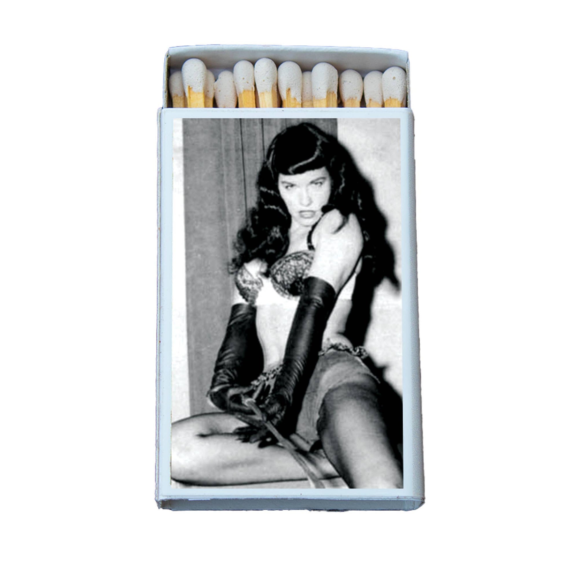 Matches in a box with a black and white photo of a woman on the cover