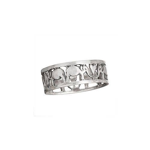 Silver ring with elephant designs on a white background
