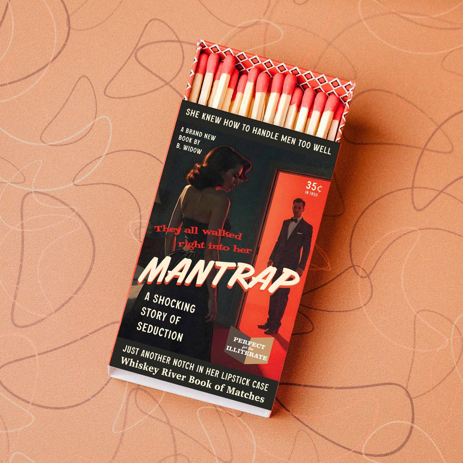 Book of matches titled 'Mantrap' on a textured brown background