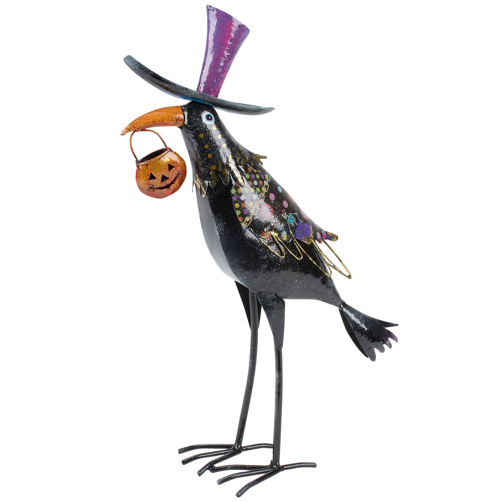 A decorative metal Raven sculpture in a black finish, wearing a purple glittery top hat and holding a small orange jack-o'-lantern bucket in its beak, set against a plain white background.