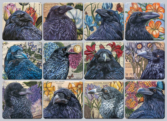 1000 piece Jigsaw Puzzle with photos in a Grid of twelve cards featuring ravens with floral and nature-themed backgrounds