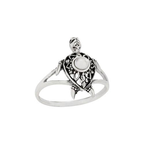 Sterling Silver ring with intricate design and central Pearl on a white background