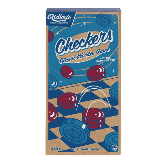 Wooden Checkers game box with blue and brown design on a white background