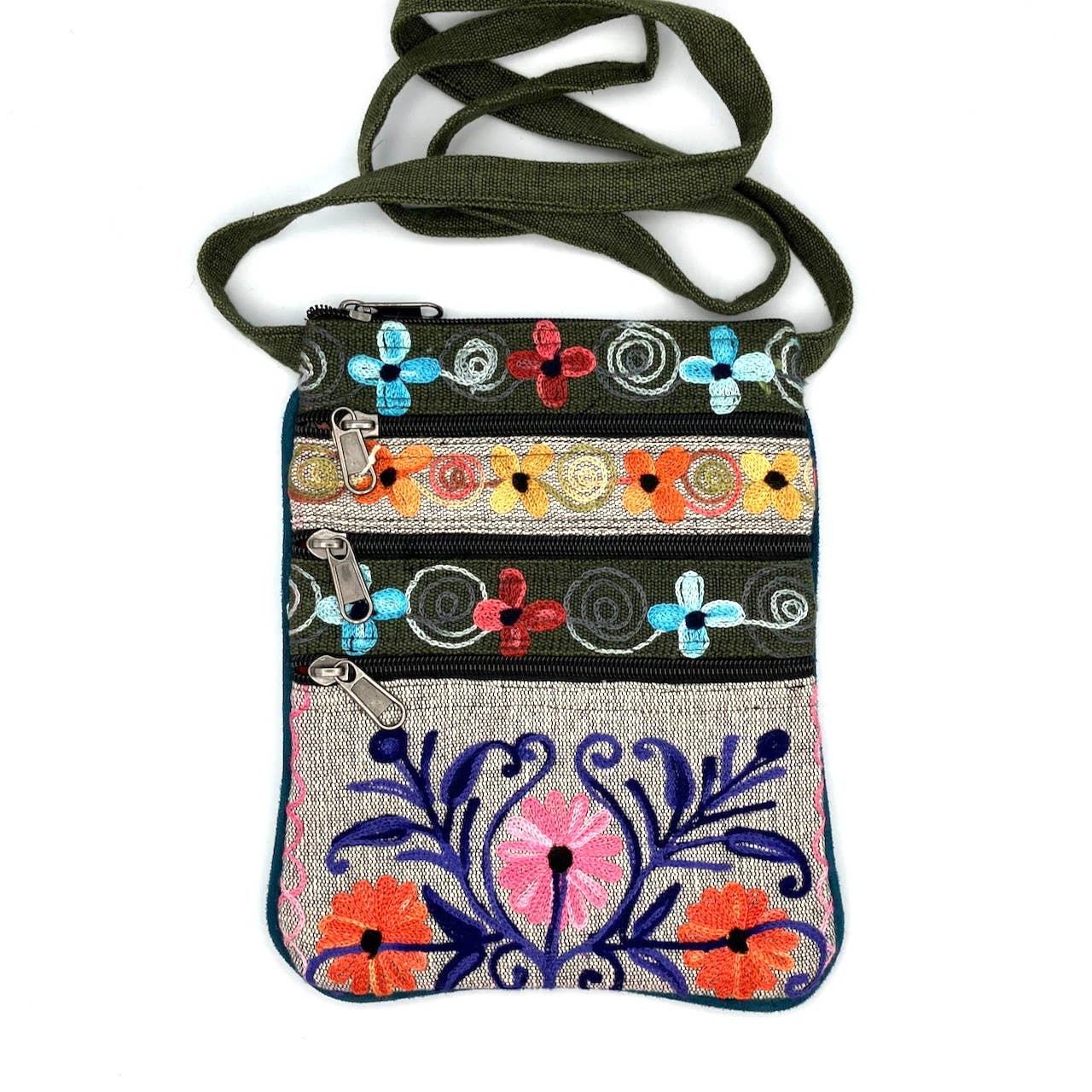 Embroidered Floral 5-Zip Crossbody Bag