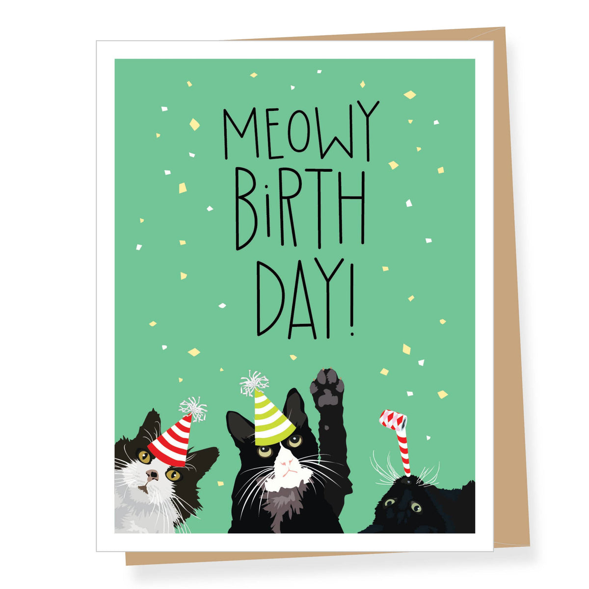 A greeting card with a mint green background and the text 'MEOWY BIRTH DAY!' in black lettering. The bottom of the card features cartoon cats wearing party hats, with small confetti accents.