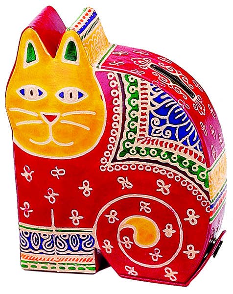 Colorful cat-shaped leather coin bank with intricate patterns on a white background