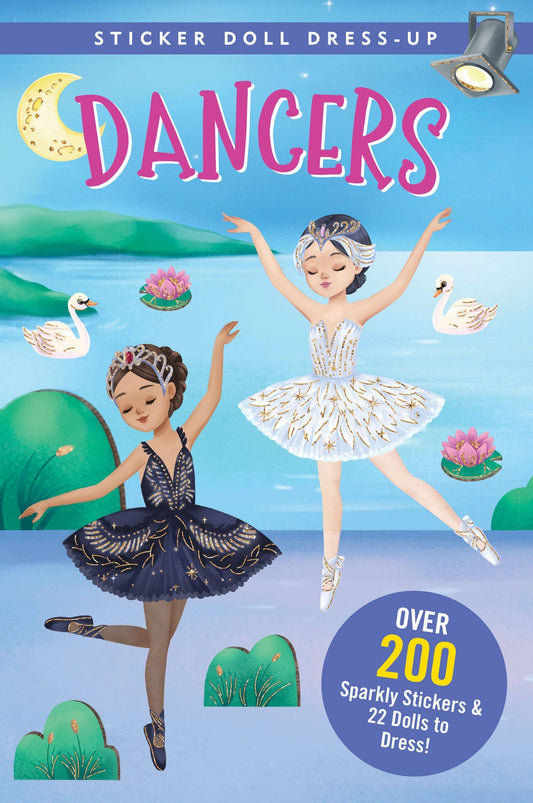Sticker book cover with two ballerina dolls and a lake scene, featuring text about stickers and dolls.