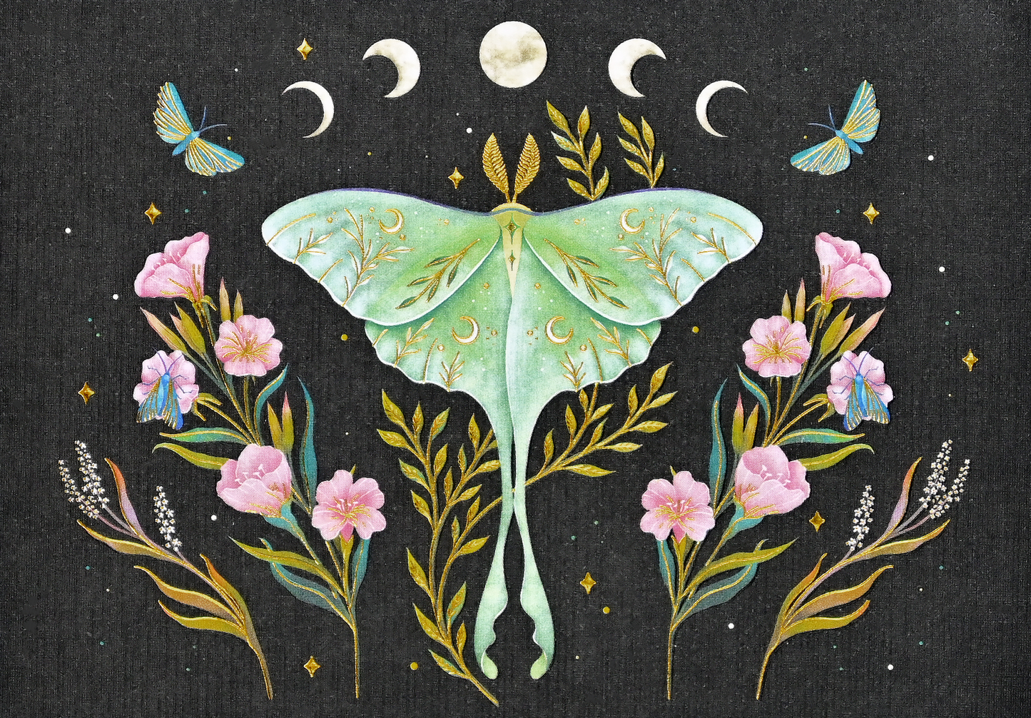 Decorative illustration of a green moth, pink flowers, and moons on a dark background