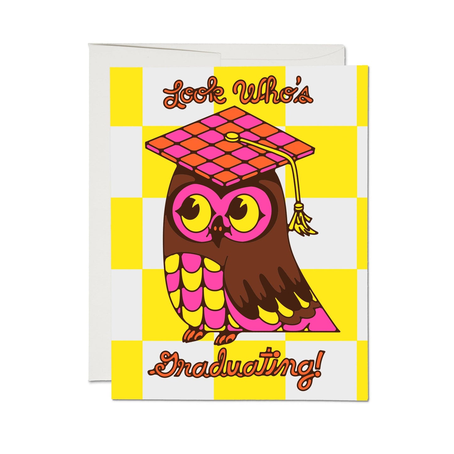 Graduation-themed greeting card with an owl wearing a checkered cap on a yellow and white checkered background.