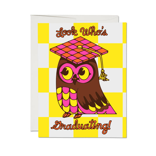 Graduation-themed greeting card with an owl wearing a checkered cap on a yellow and white checkered background.