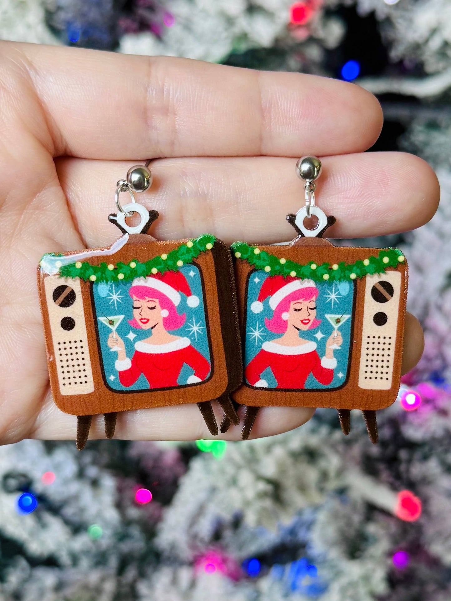Retro Vintage Santa TV Martini Christmas Dangle Earring