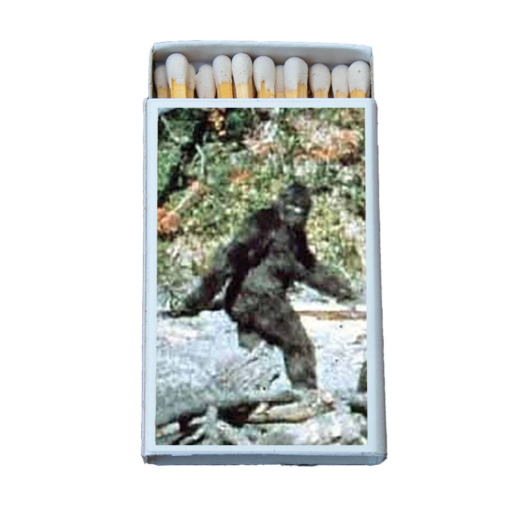 Matches in a box with a picture of Bigfoot on a white background