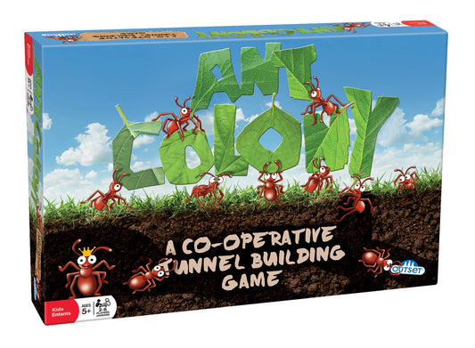 Board game box for 'Ant Colony' with ants and grass design on a blue sky background
