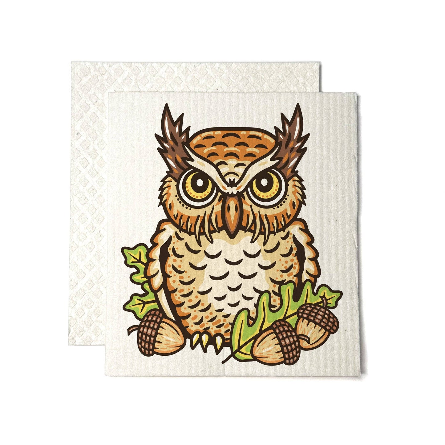 Woven Swedish dishcloth with an owl and acorns design on a white background