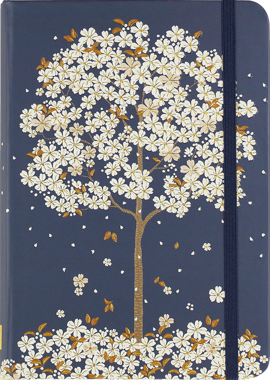 Notebook with a floral tree design on a blue background
