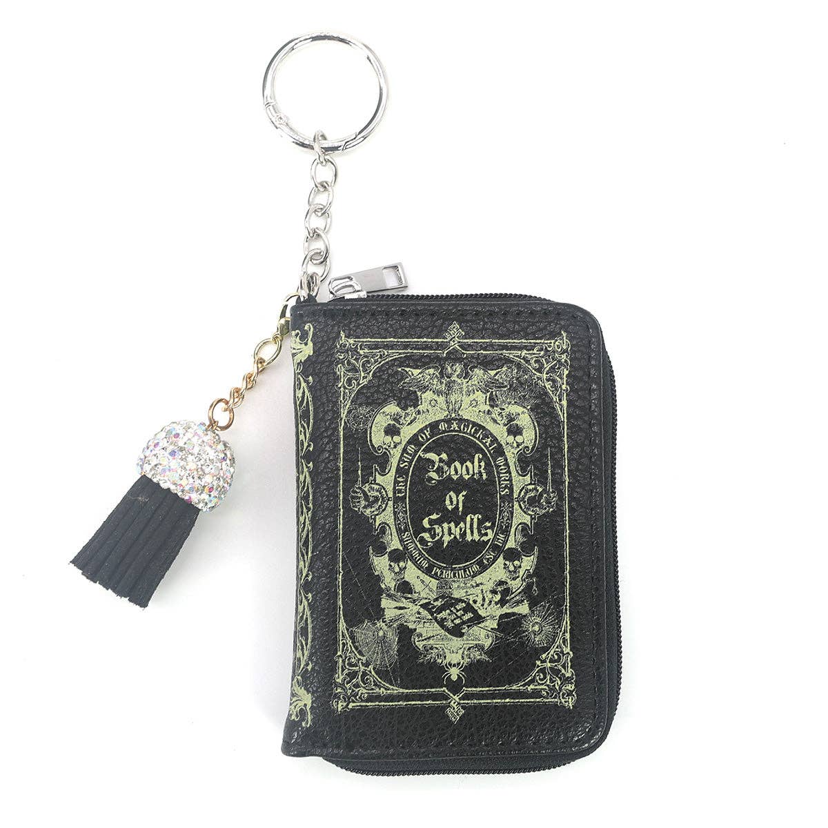 Keychain with black 'Book of Spells' design on a white background