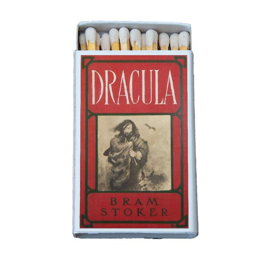 Matchbox with 'Dracula' cover featuring Bram Stoker's name on a white background