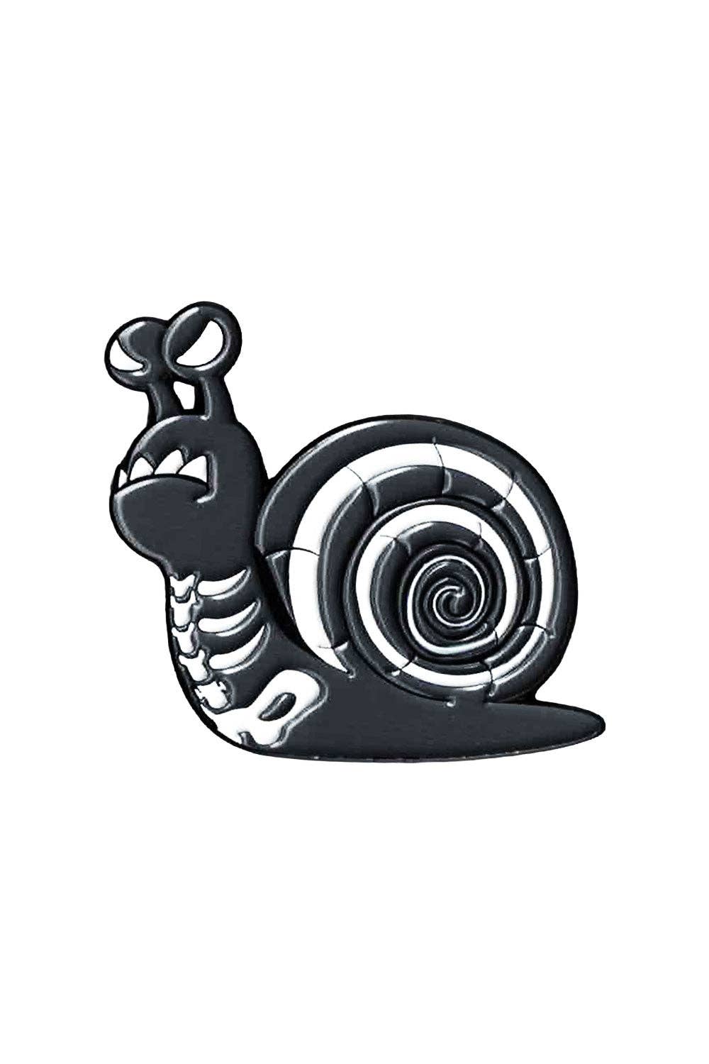 Black and white snail pin with a skeleton motif design on a white background