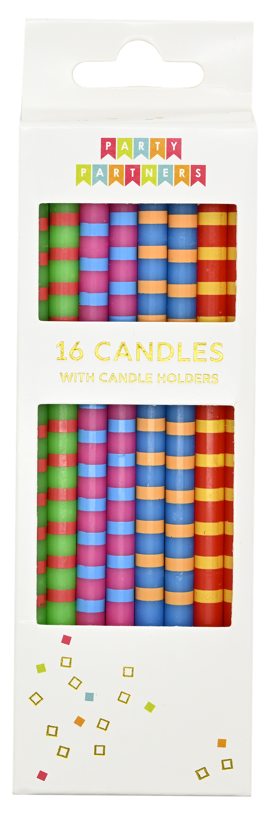 A package of 16 colorful striped candles with matching candle holders, shown in a white hanging retail box with a clear window.