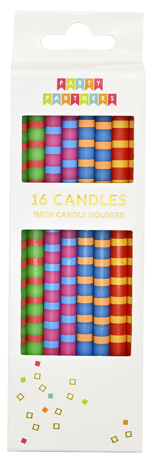 A package of 16 colorful striped candles with matching candle holders, shown in a white hanging retail box with a clear window.