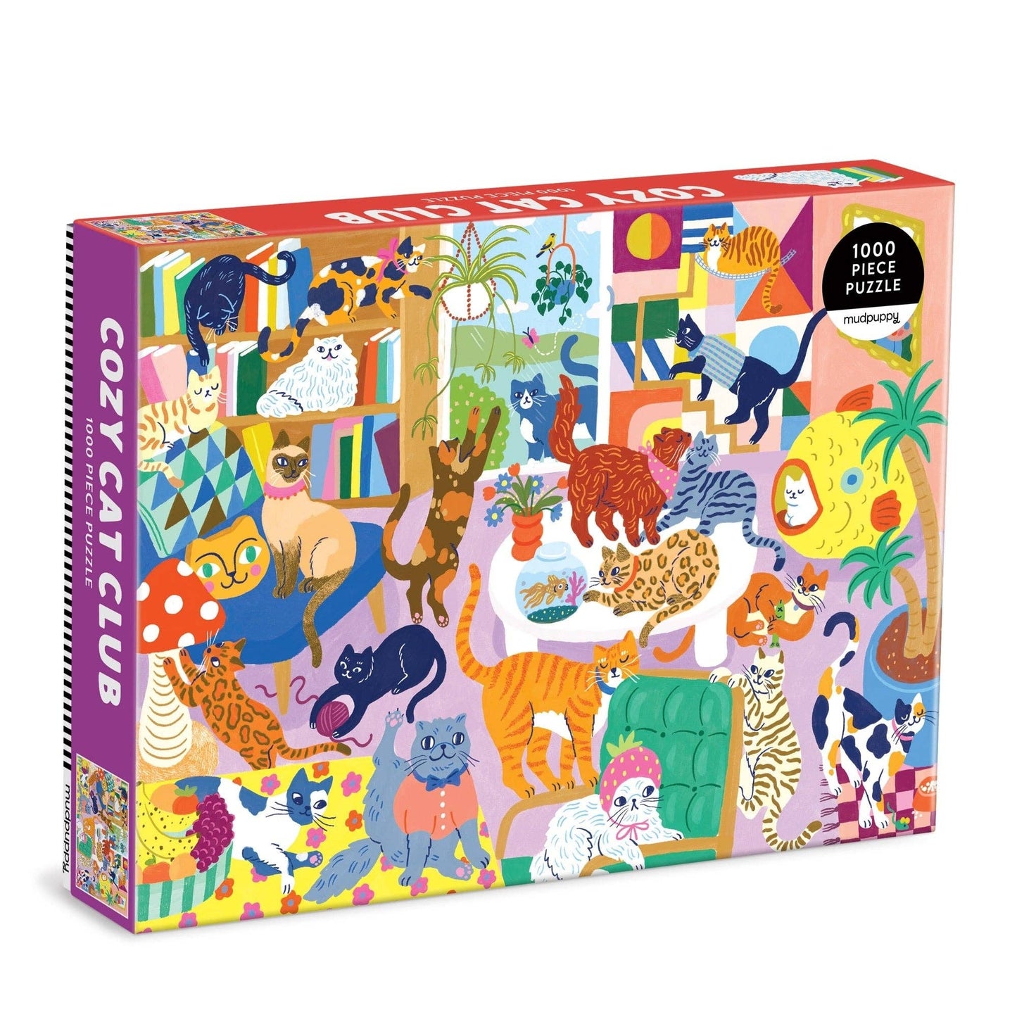 1000 piece puzzle box with colorful design of cats in various activities, labeled 'Cozy Cat Club'.