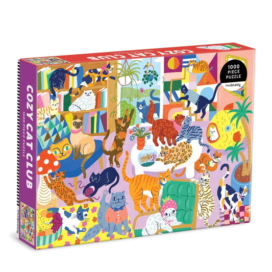 1000 piece puzzle box with colorful design of cats in various activities, labeled 'Cozy Cat Club'.