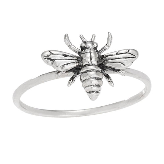 Silver bee shaped ring on a white background