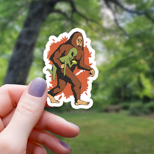 Yeti Kidnapping Alien Funny Sticker
