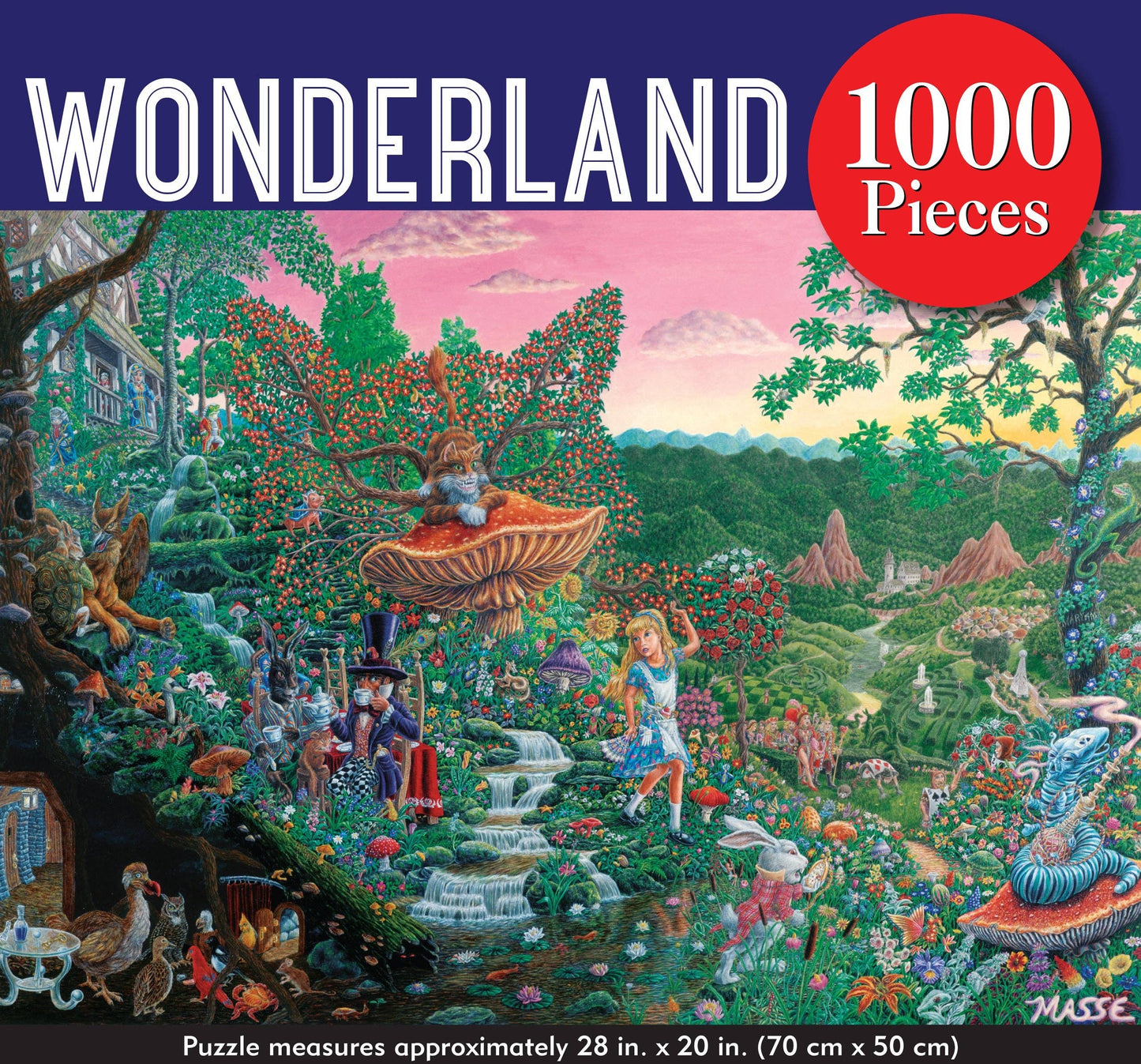 Jigsaw puzzle box with Alice 'Wonderland' theme featuring a colorful scene with characters and nature.