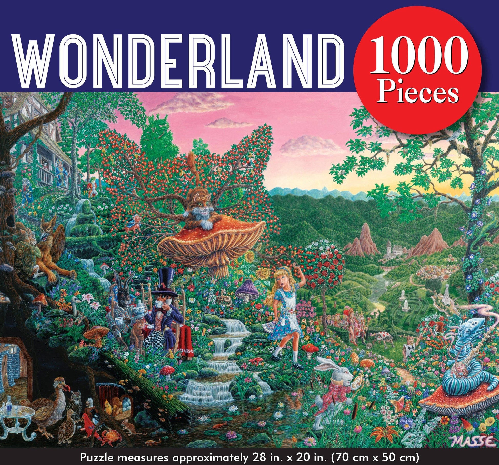 Jigsaw puzzle box with Alice 'Wonderland' theme featuring a colorful scene with characters and nature.
