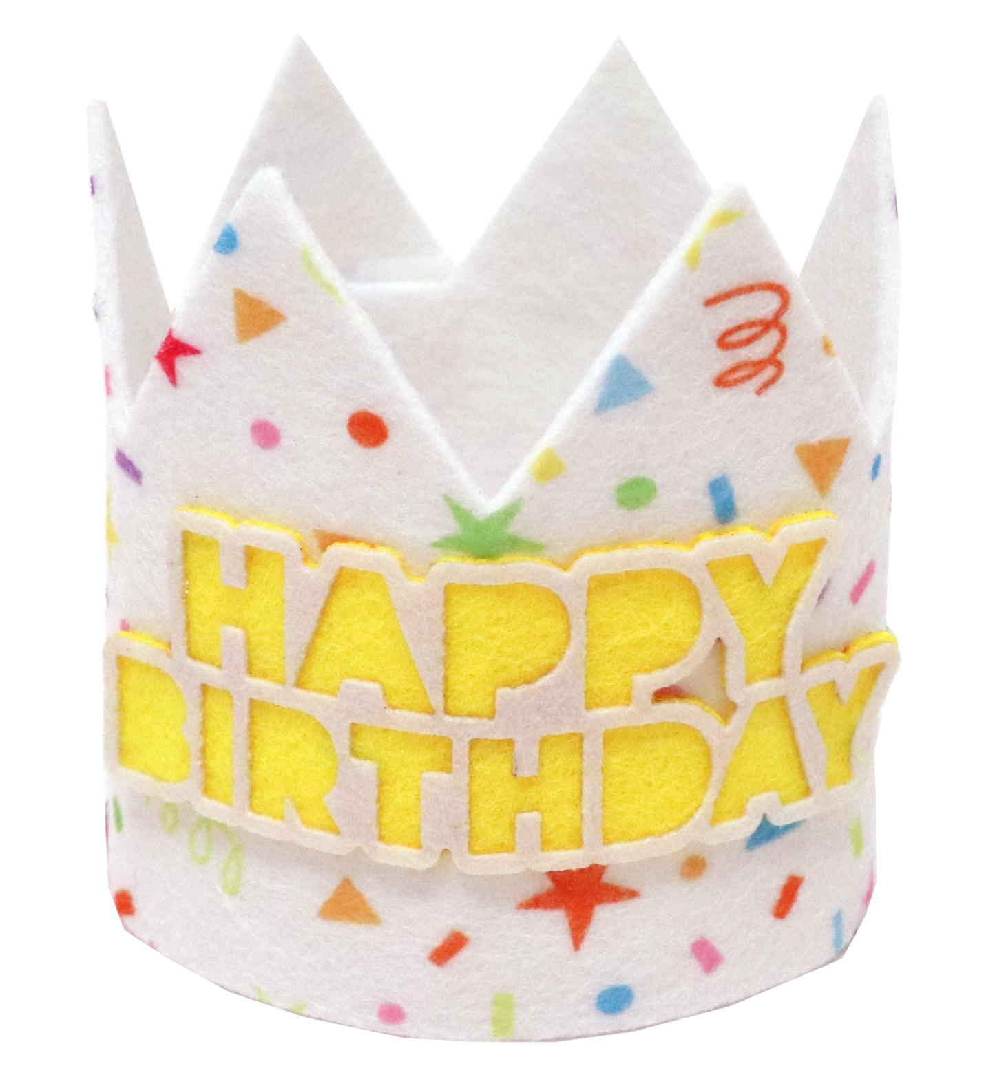 Birthday crown with colorful confetti design and 'Happy Birthday' text.