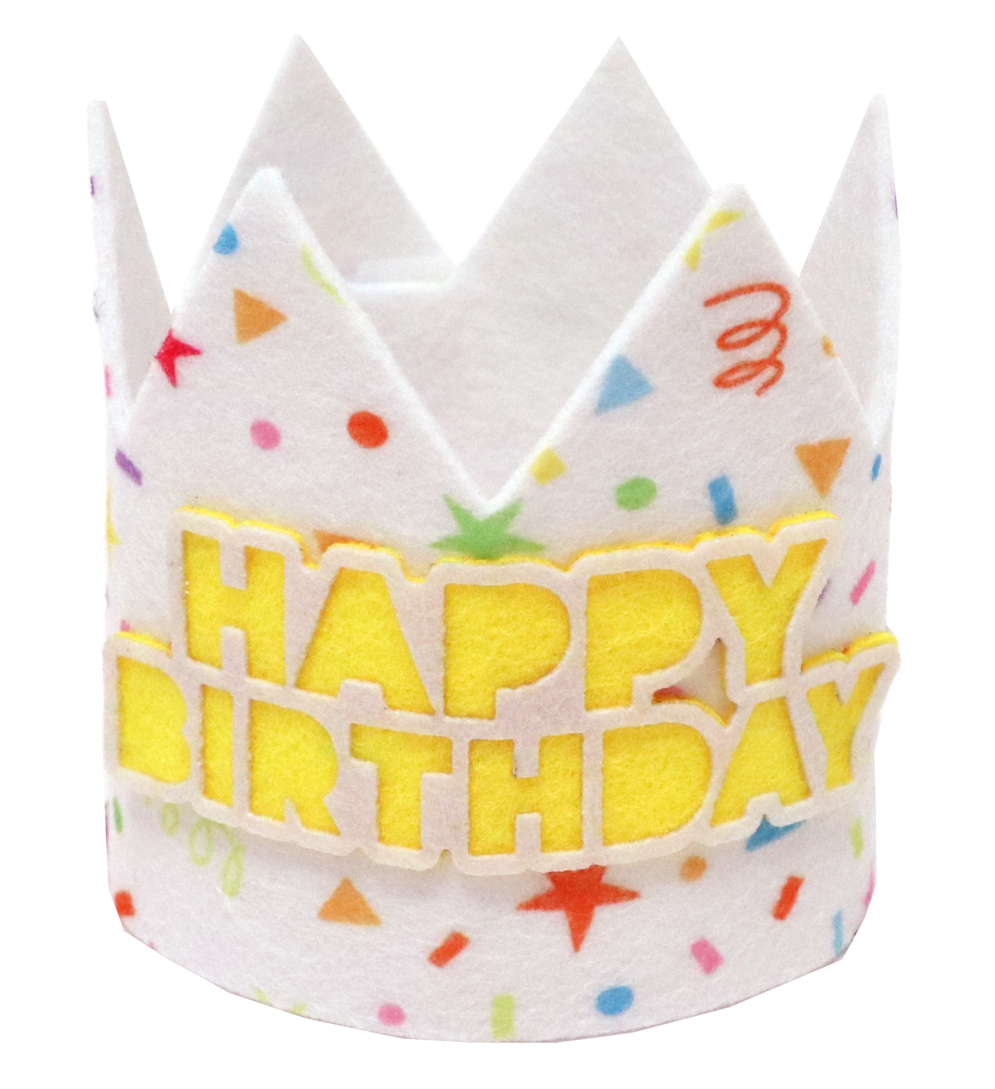 Birthday crown with colorful confetti design and 'Happy Birthday' text.