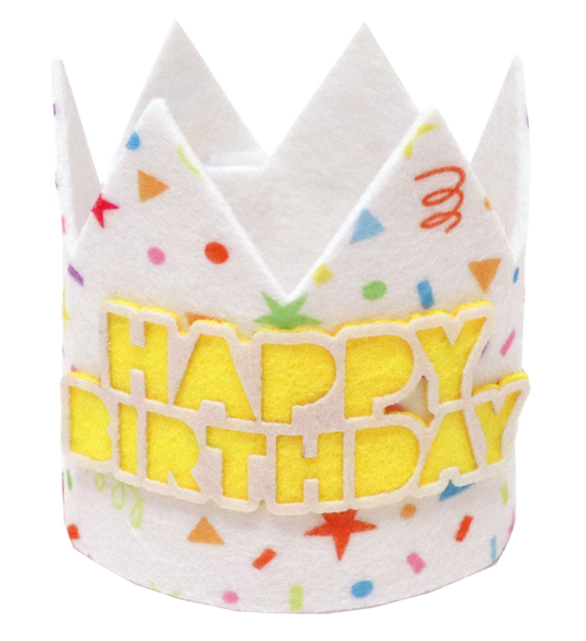 Birthday crown with colorful confetti design and 'Happy Birthday' text.