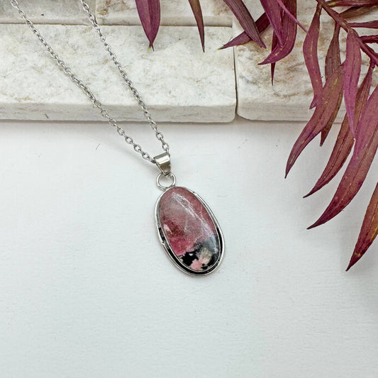 Rhodonite Semiprecious Large Stone Necklace