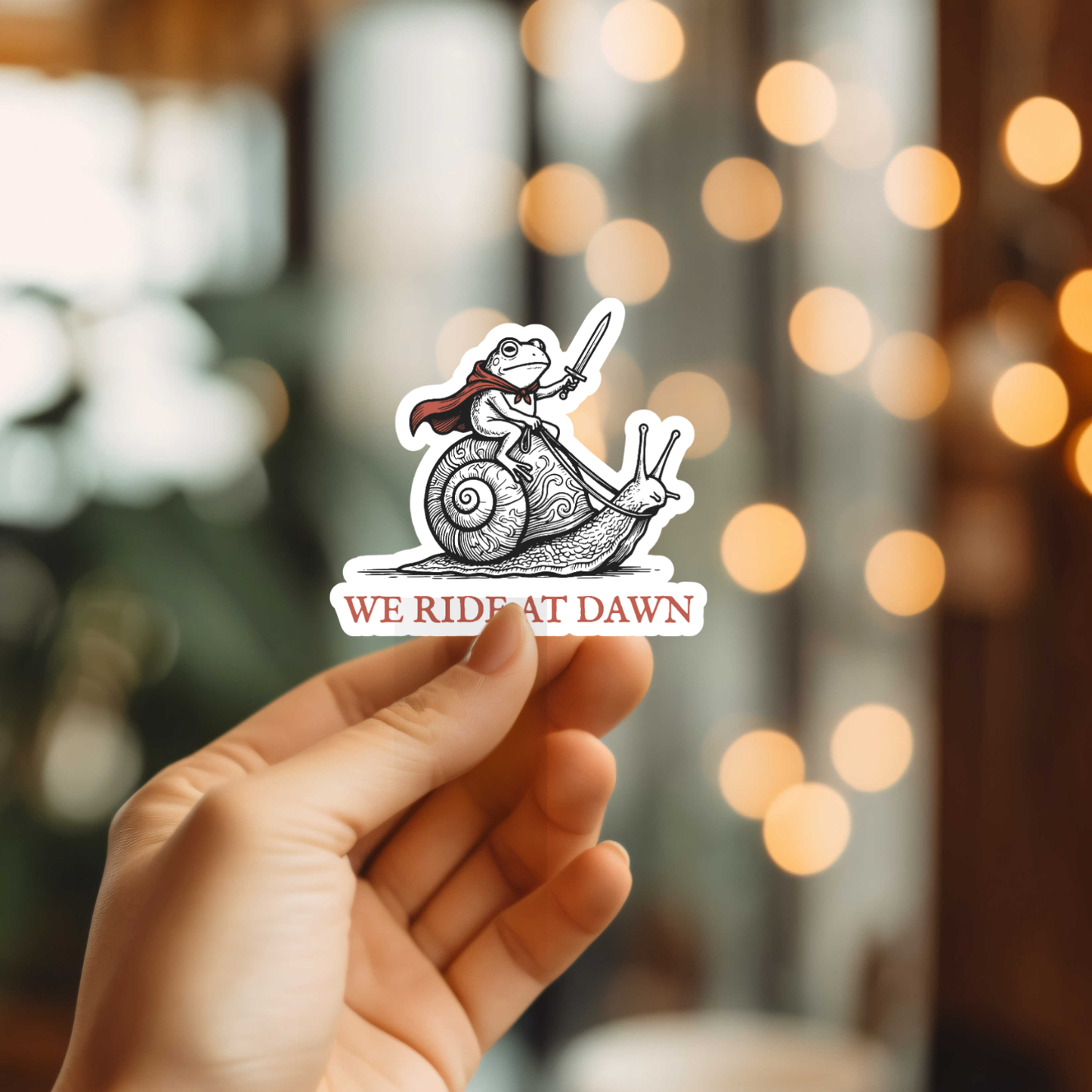 Hand holding a sticker with a design of a frog riding a snail, with 'We Ride at Dawn' text, against a blurred background.