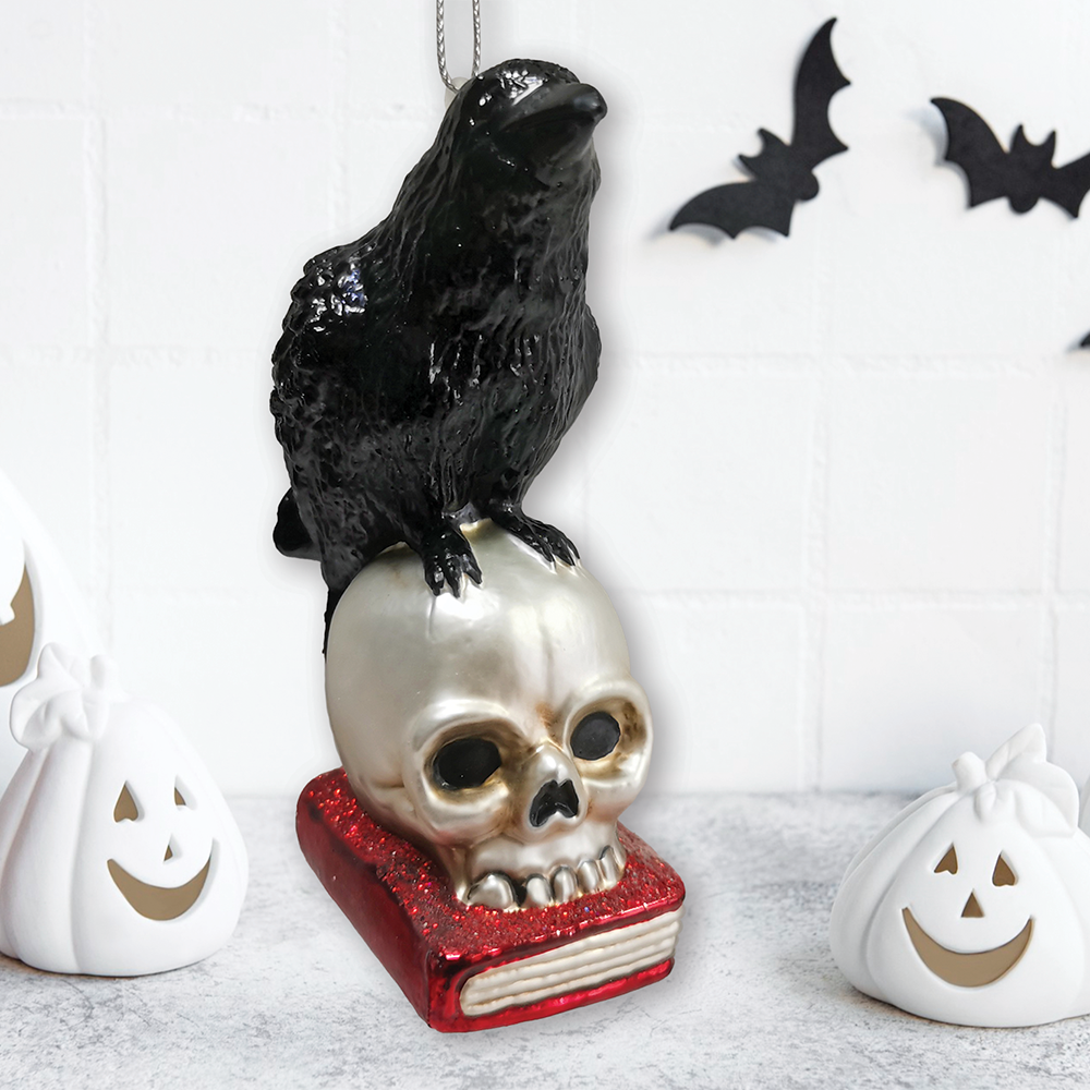 Raven on Skull Glass Ornament