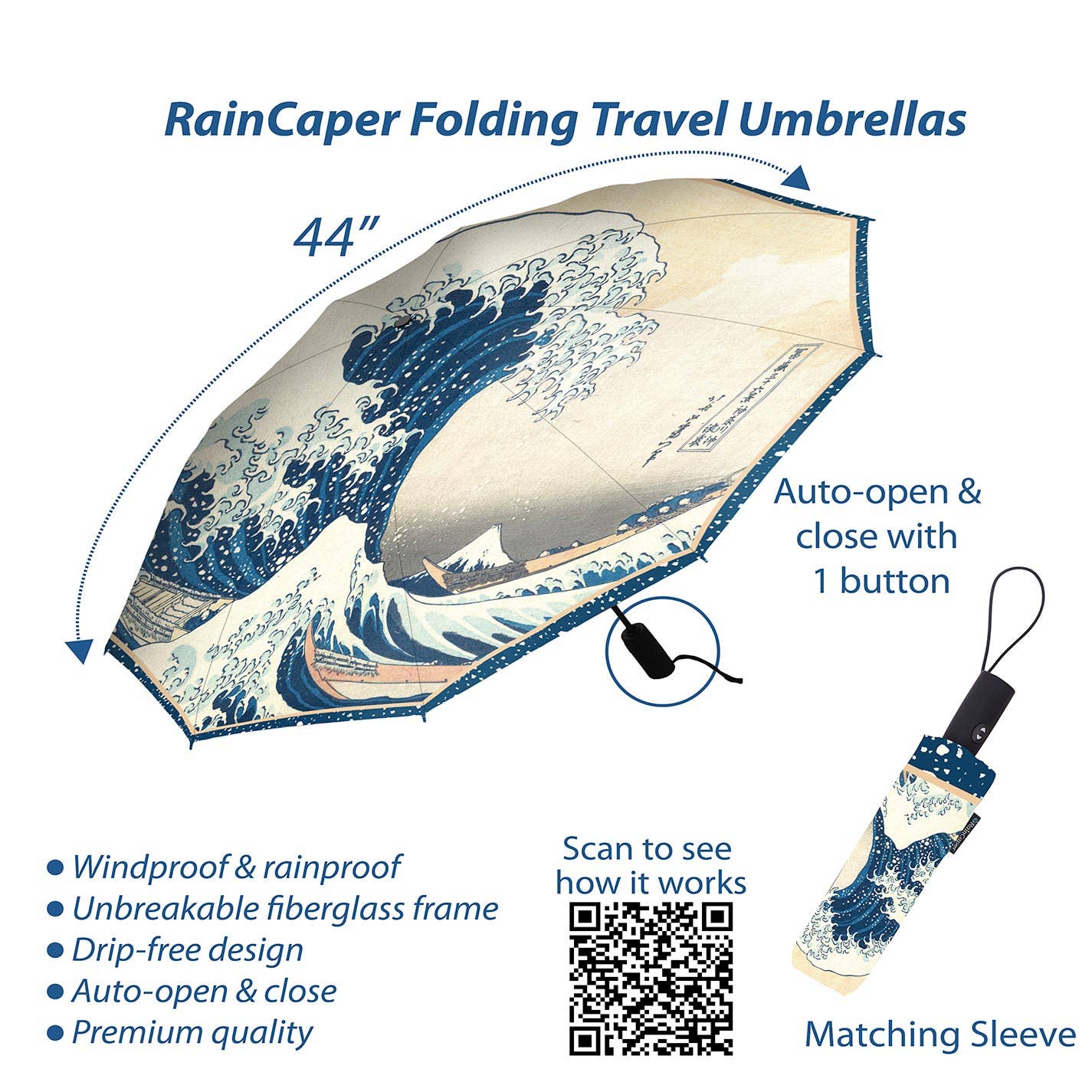 Hokusai "The Great Wave" Folding Travel Umbrella